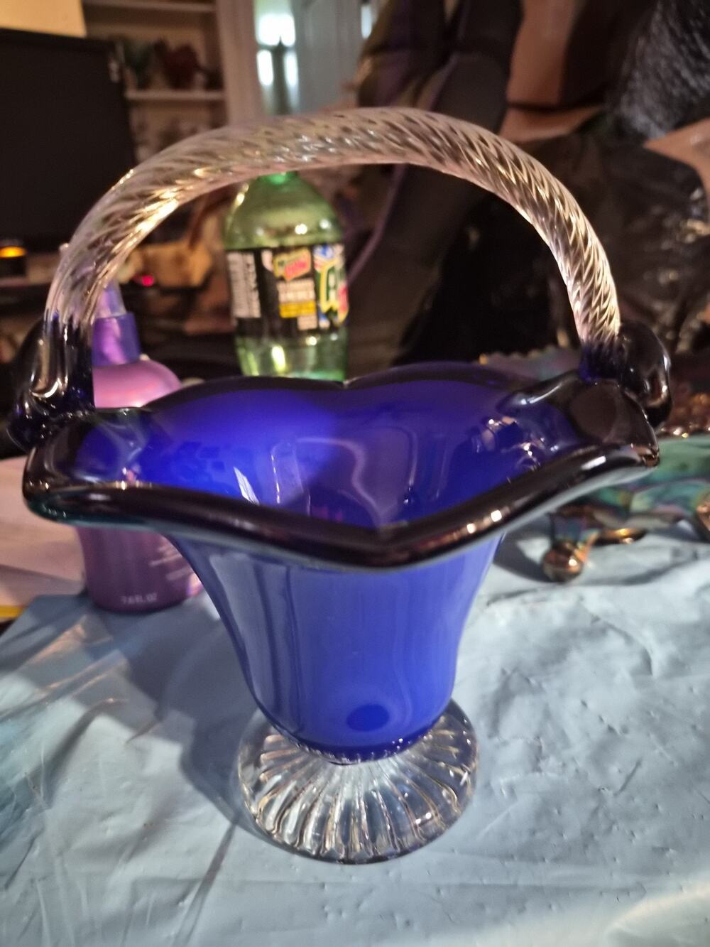 Vintage Morgantown Ritz Blue Cobalt glass Basket with clear Swirled Handle